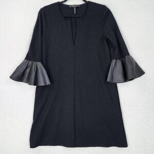 BCBG MAXAZRIA Dress Womens XXS Black Knit Shift 3/4 Faux Leather Bell Sleeve